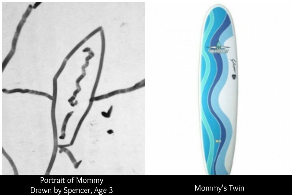 Child draws mommy like a surfboard
